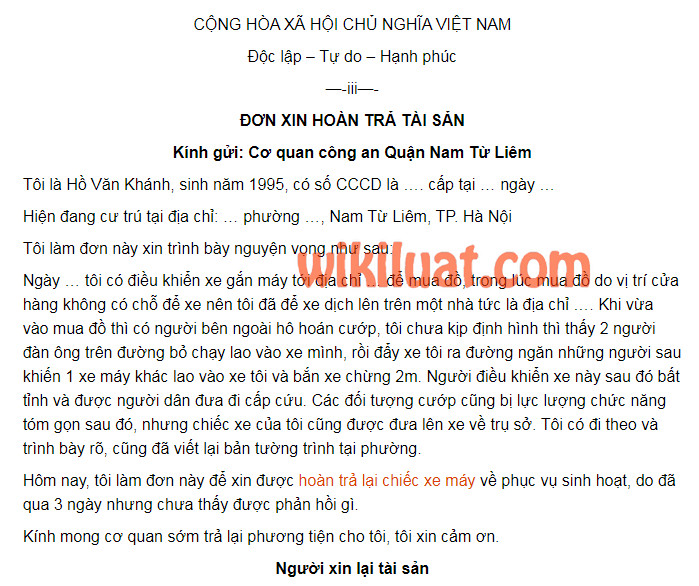 Đơn xin lấy lại tài sản bị công an tạm giữ
