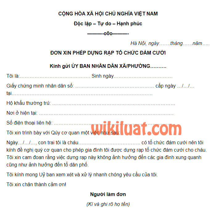 Đơn xin phép dựng rạp tổ chức đám cưới